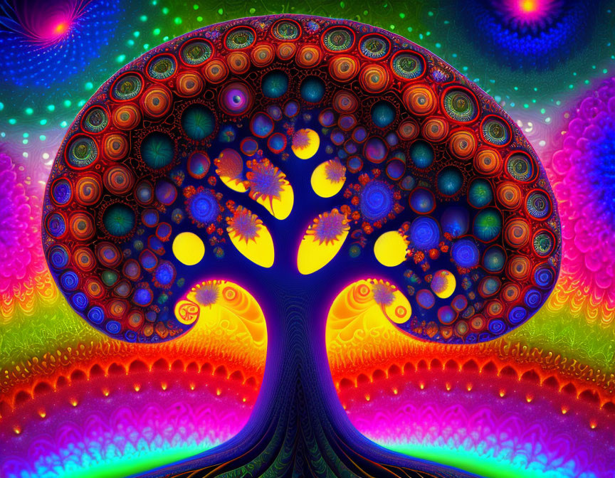 Colorful Psychedelic Tree with Patterned Leaves on Fractal Background