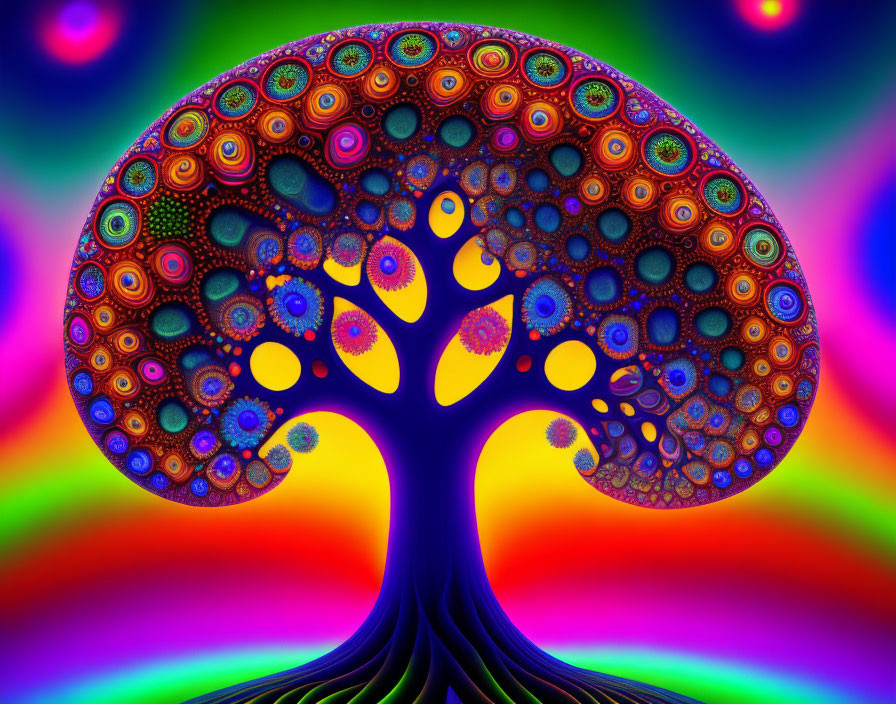 Colorful Psychedelic Tree Illustration with Circular Foliage