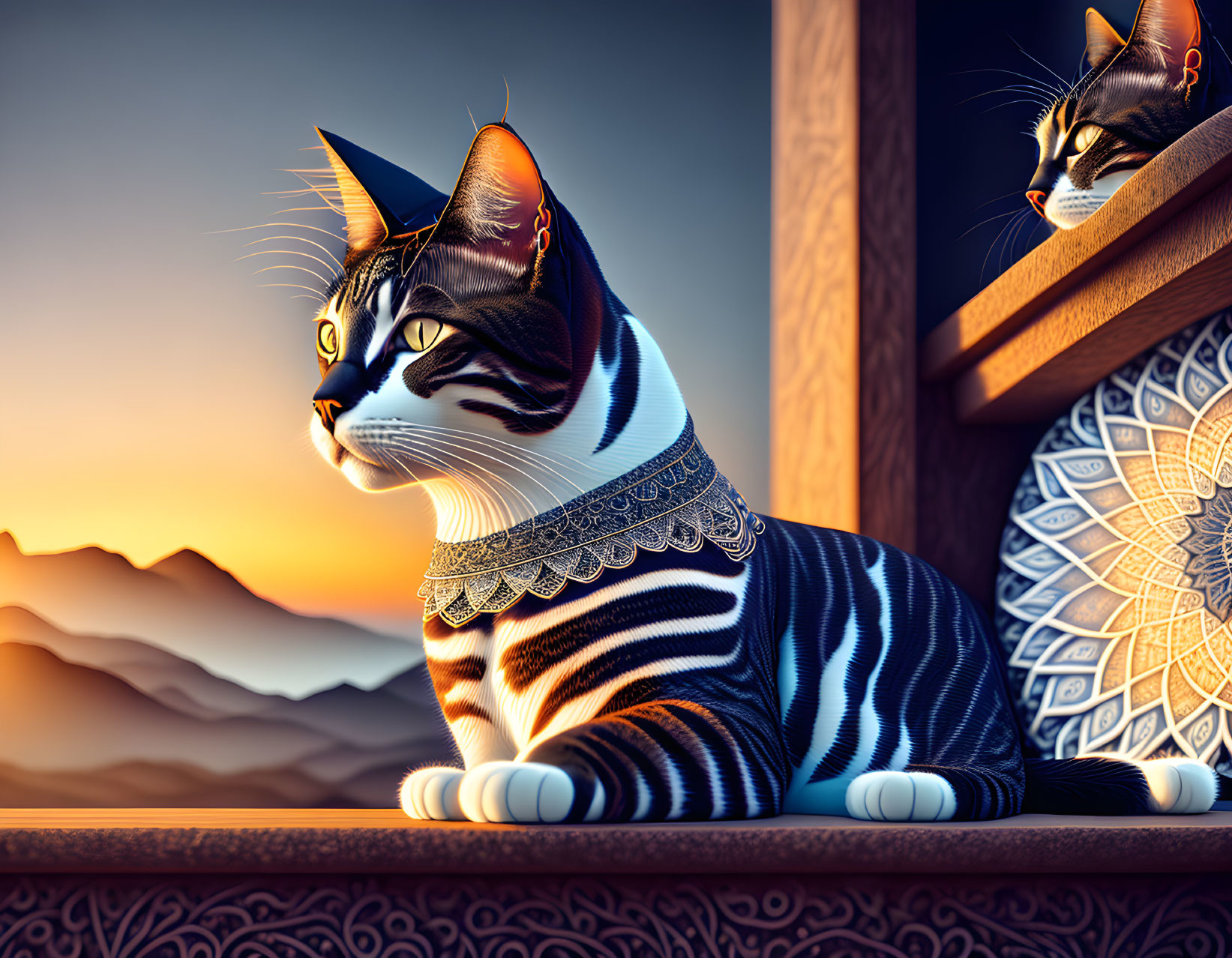 Stylized cats with intricate fur patterns by a sunset-lit window