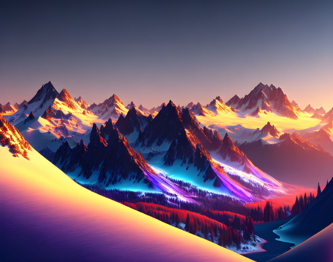 Colorful Glowing Mountain Peaks at Sunset
