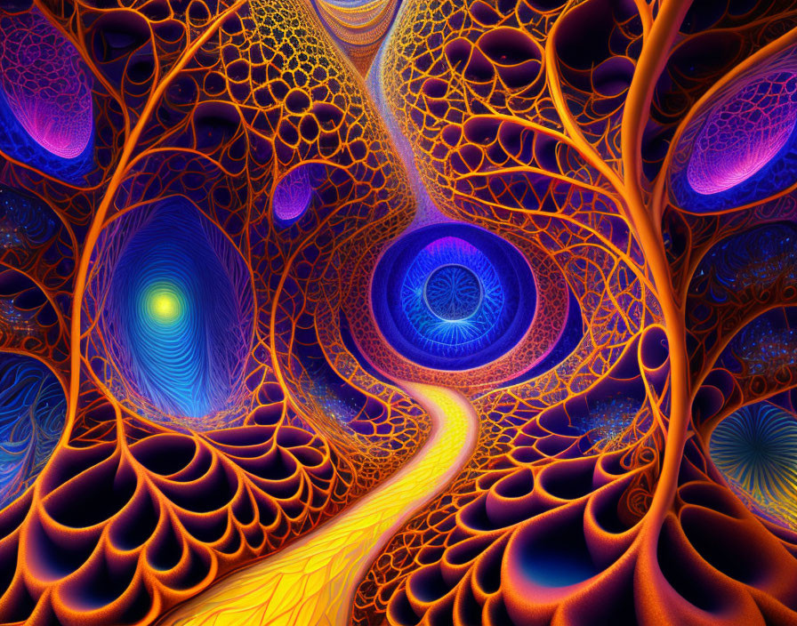 Colorful fractal artwork with swirling patterns in deep blues and warm oranges.