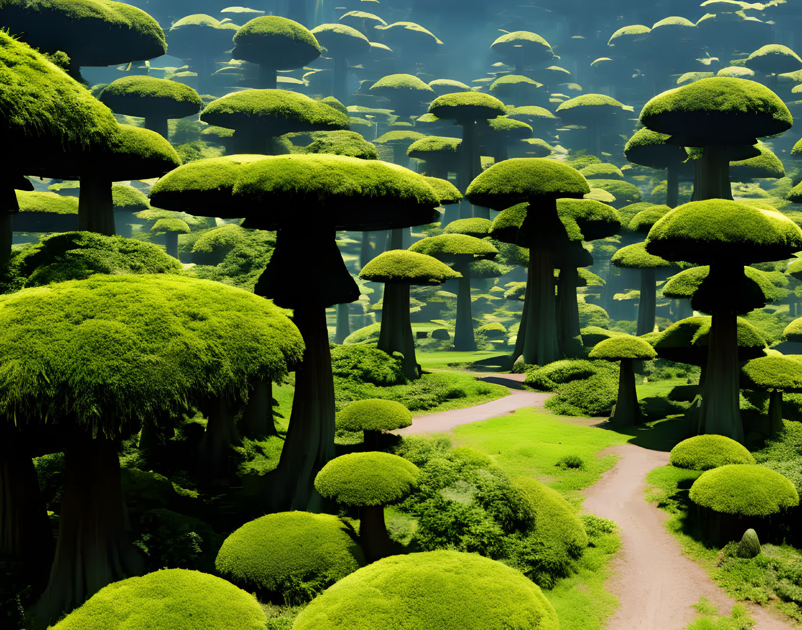 Mystical forest with oversized mushroom-shaped trees