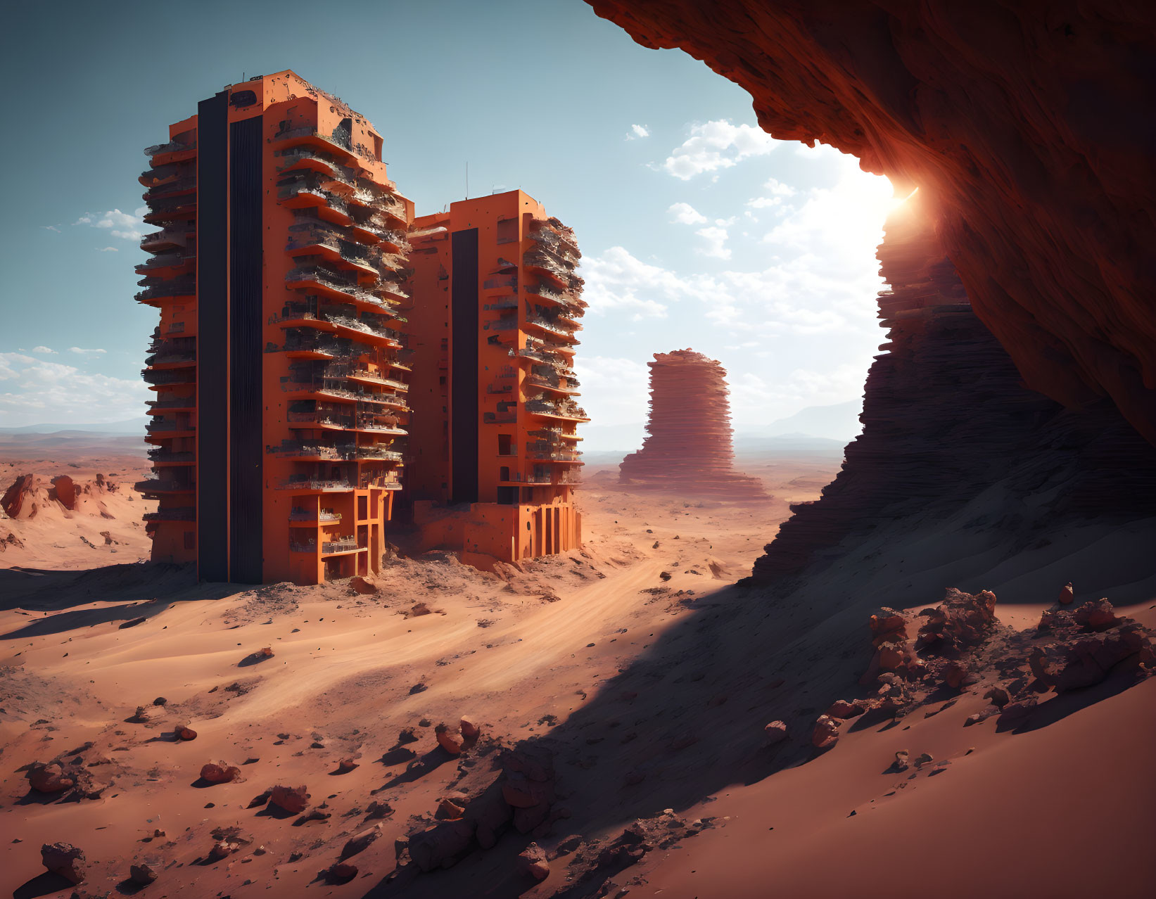 Derelict high-rise buildings in a futuristic desert sunset landscape
