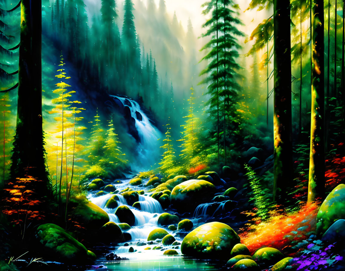 Lush forest with waterfall, stream, and sunbeams