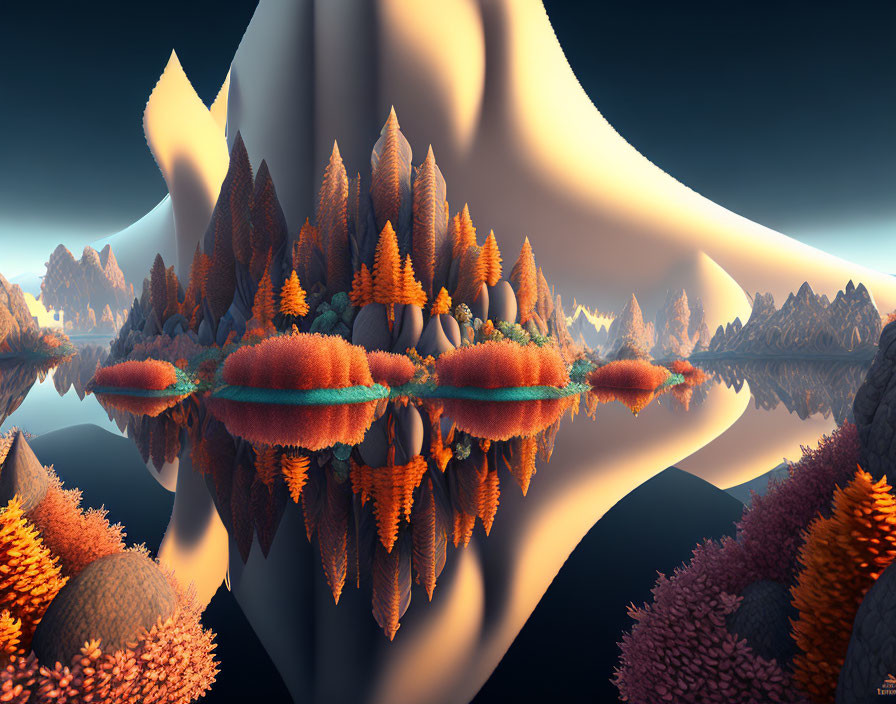 Surreal landscape with orange foliage, floating islands, reflective water, and towering rock formations at twilight