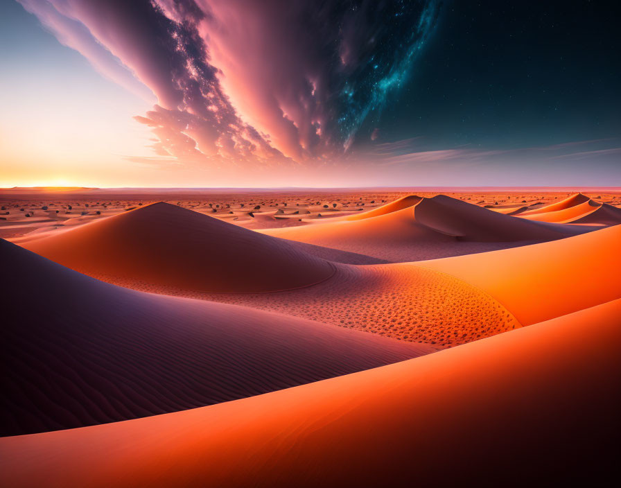 Colorful sunset over sand dunes with dramatic clouds and stars in twilight sky