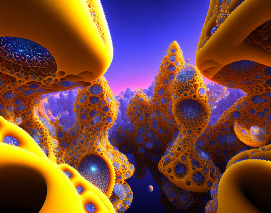 Colorful Fractal Landscape with Sponge-like Structures in Orange and Blue Twilight