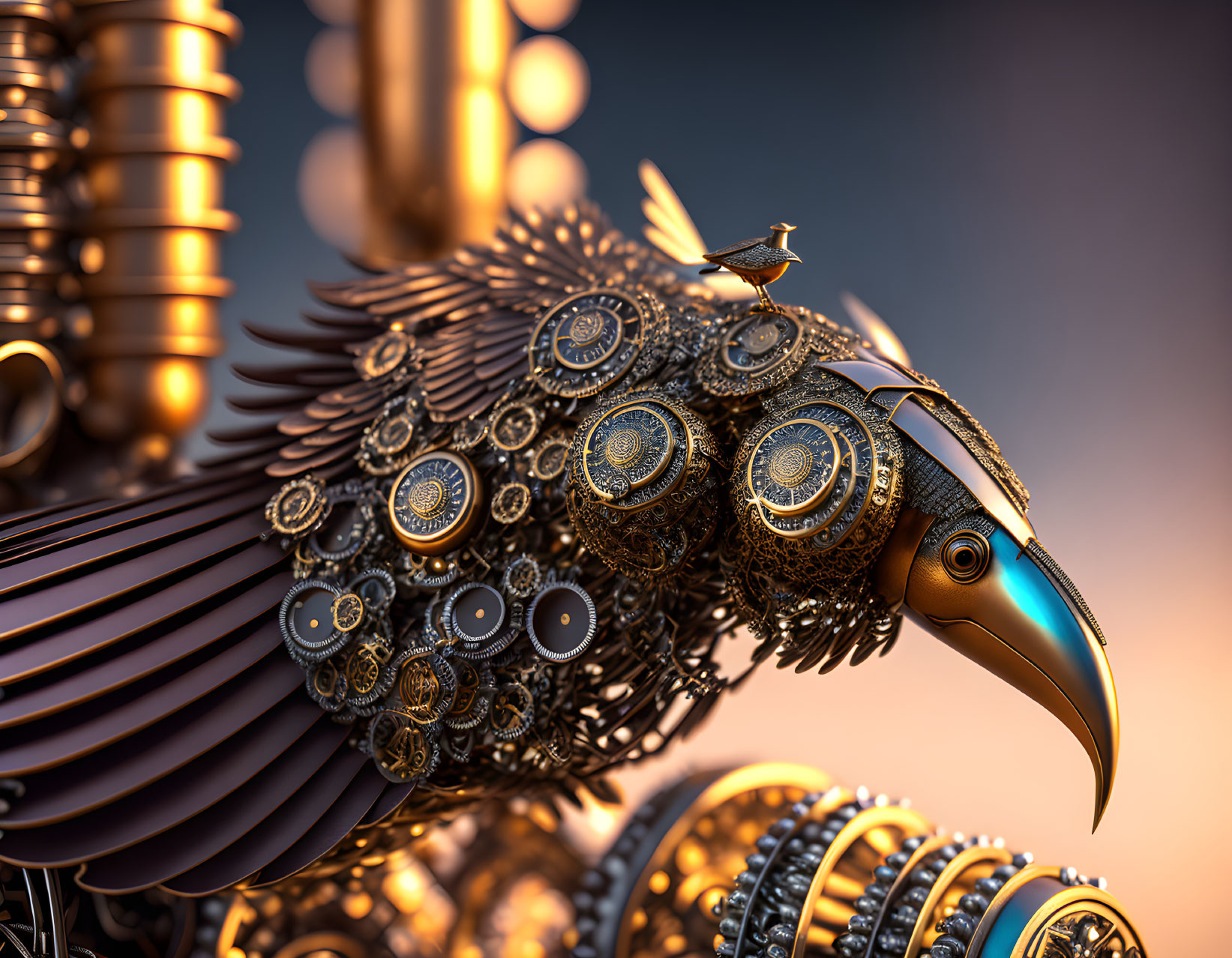 Mechanical eagle digital artwork with cog and gear feathers in golden steampunk style