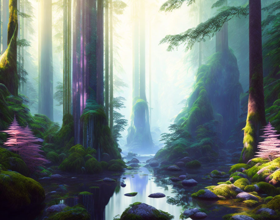 Serene stream in mystical forest with sunbeams and lush greenery