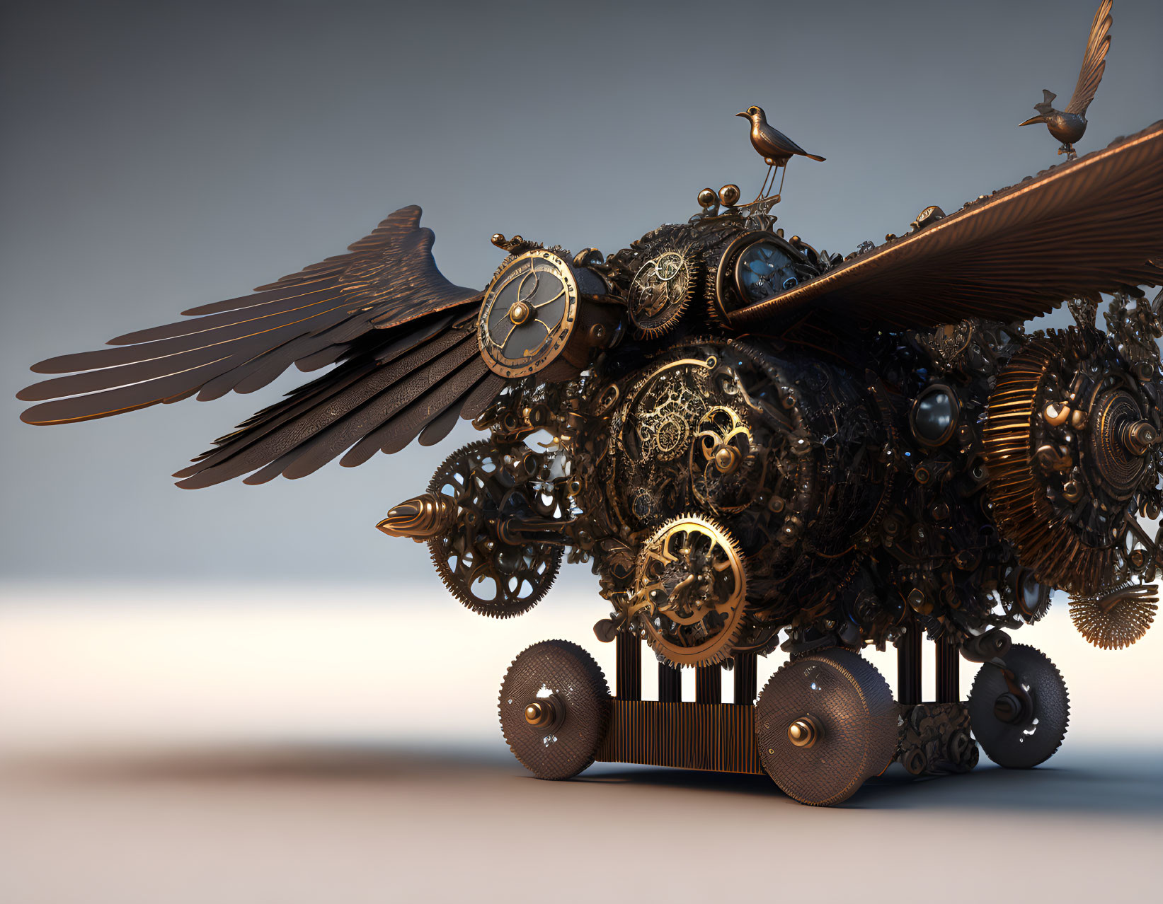 Intricate mechanical owl with gears and birds on soft-lit background