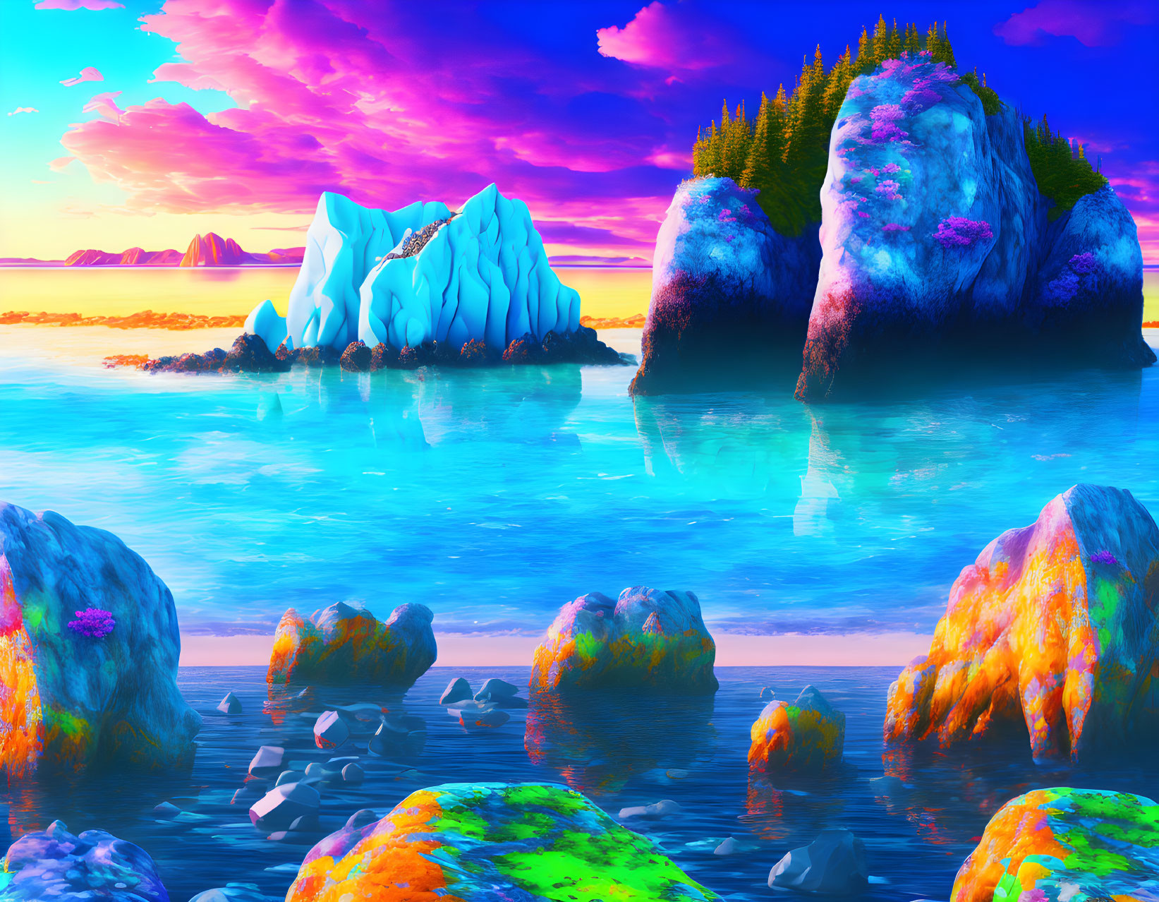 Surreal landscape digital art: colorful rocks, pine trees, glacier, sunset sky