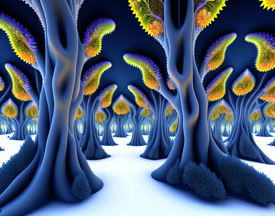 Fantastical forest digital artwork with blue trees and colorful foliage