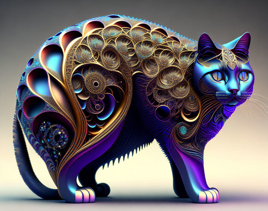 Colorful fractal-inspired cat art in purple, blue, and gold palette