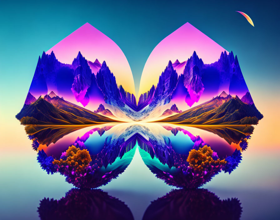 Symmetrical surreal landscape digital art with vibrant purples and blues