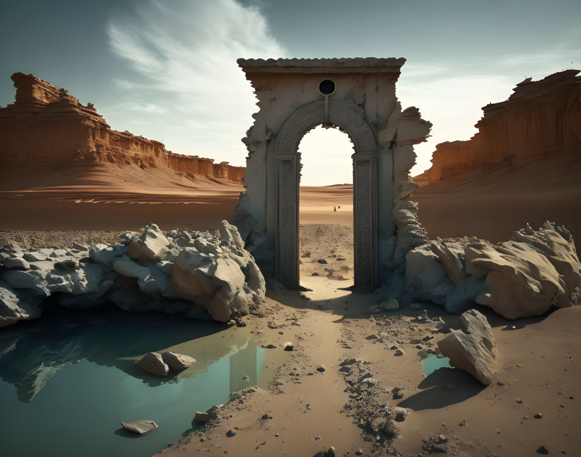 Ancient archway in desert landscape with water pool and sand dunes