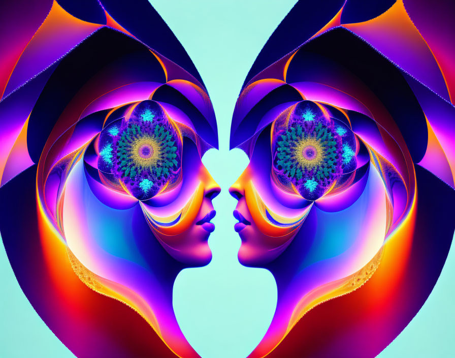 Symmetric digital artwork with mirrored profiles and fractal eyes on gradient background
