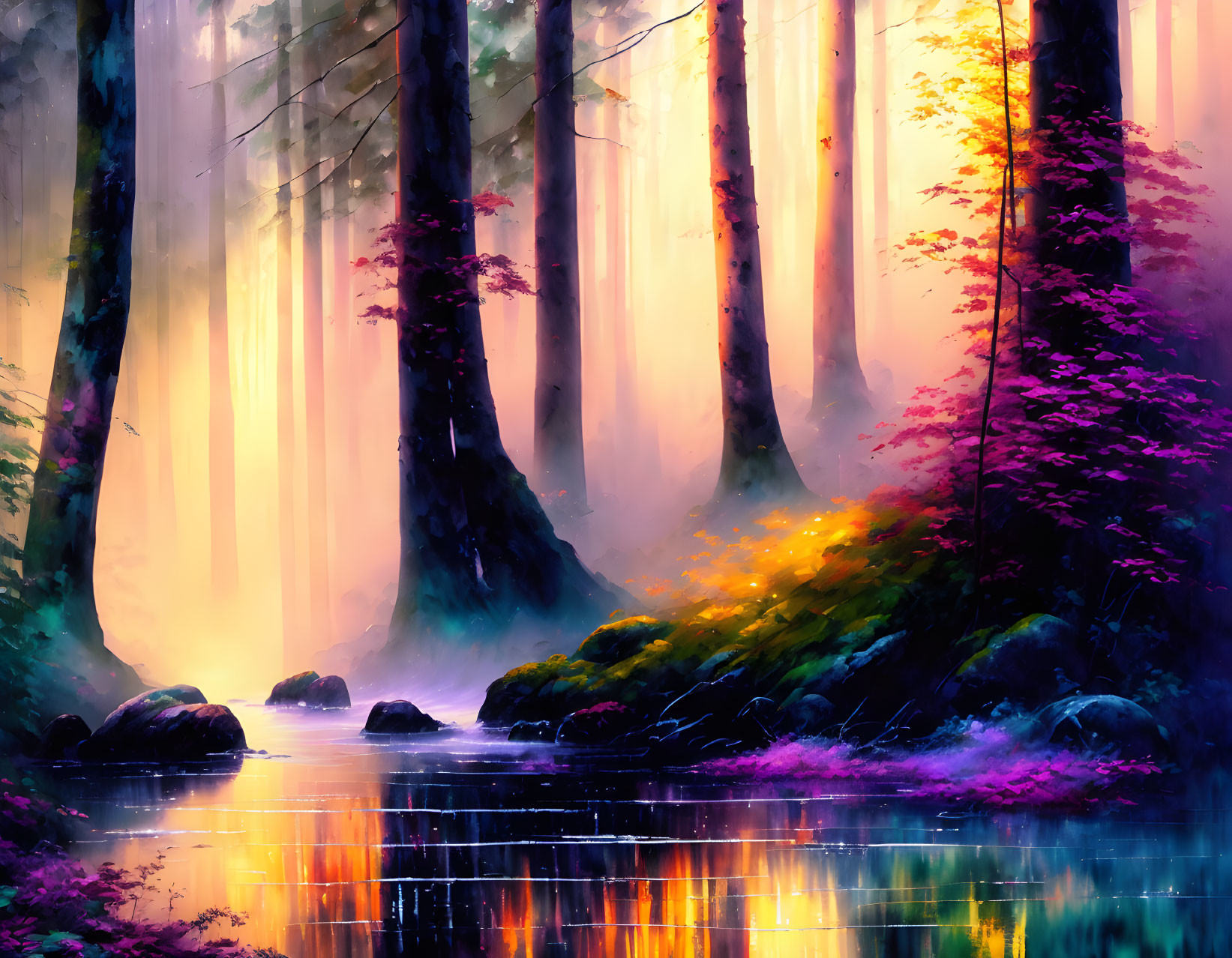 Misty forest scene with sunlight, river, colorful foliage