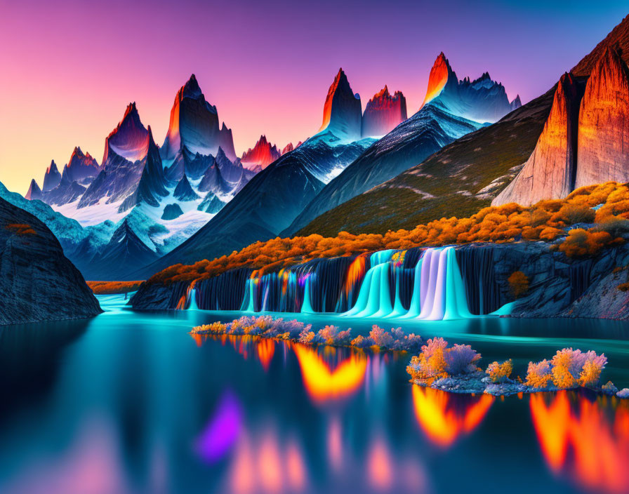 Vividly colored surreal landscape with cascading waterfalls and reflective lake