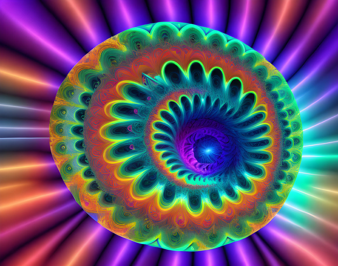 Colorful Spiral Fractal Art with Radiant Hues and Purple Rays