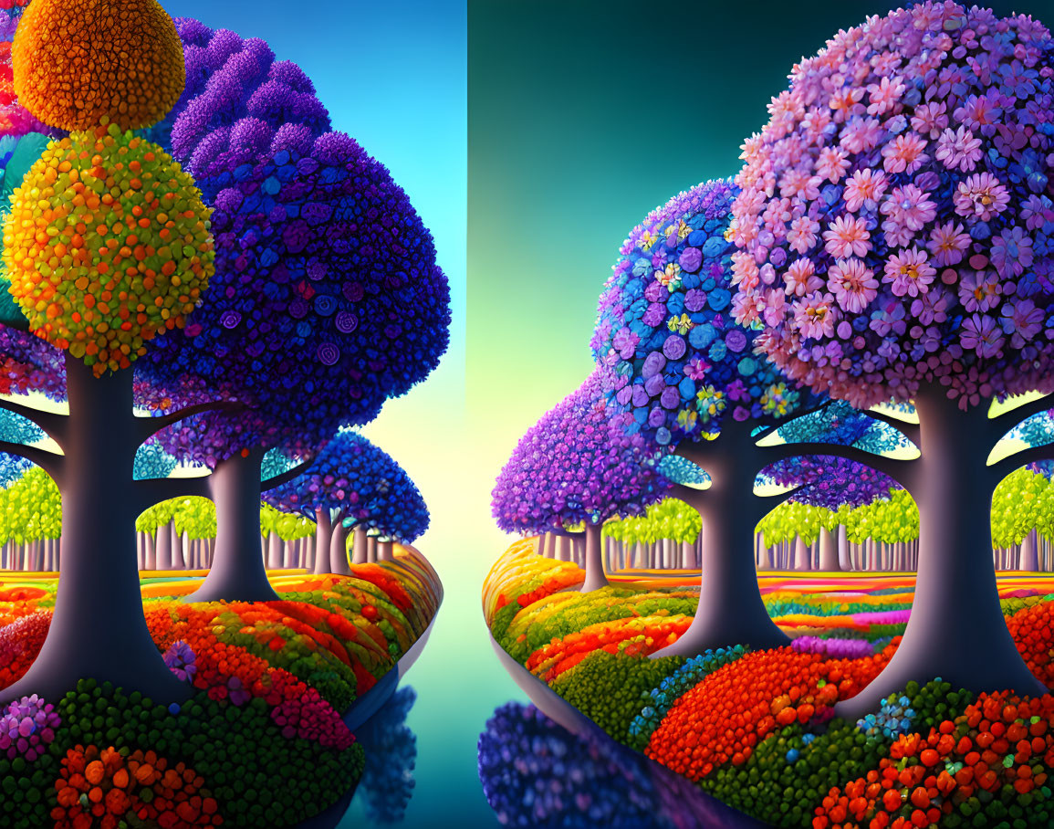 Colorful digital artwork of whimsical trees with flower-like canopies above a patterned landscape at dawn