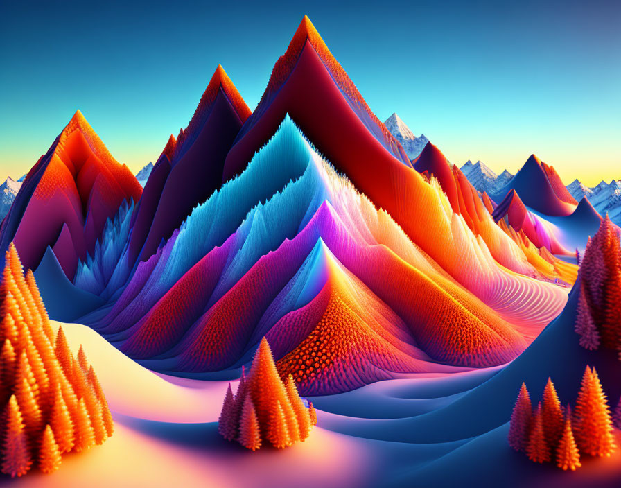 Colorful layered peaks in surreal landscape with orange trees and icy mountains.