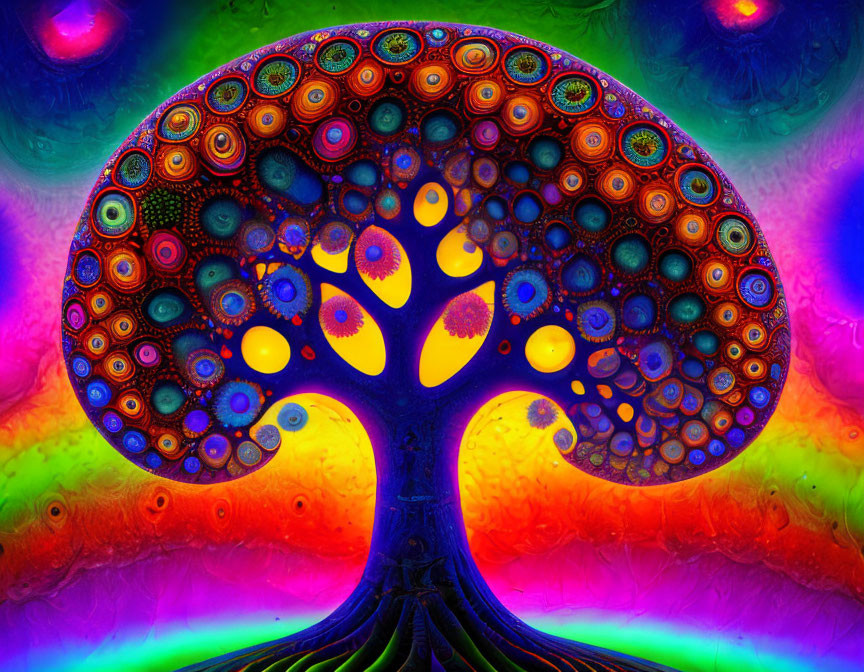 Colorful Psychedelic Tree Illustration with Circular Patterns