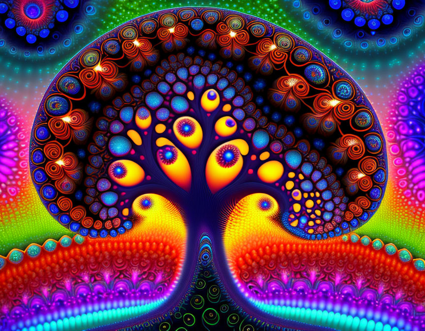 Psychedelic digital artwork: Tree with fractal patterns in brain-like shape