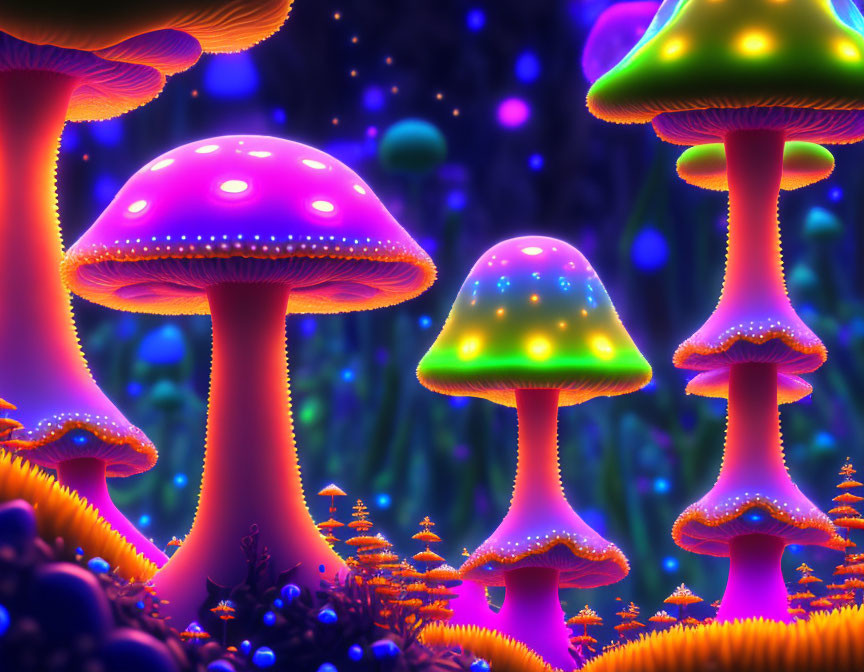 Colorful Bioluminescent Mushrooms in Neon-lit Fantasy Forest