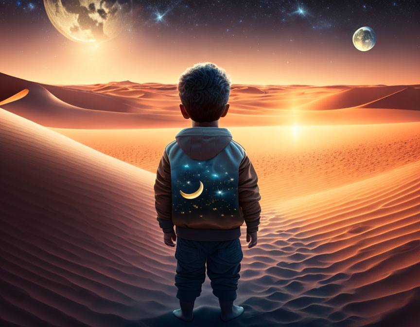 Child in night sky hoodie gazes at surreal desert moons
