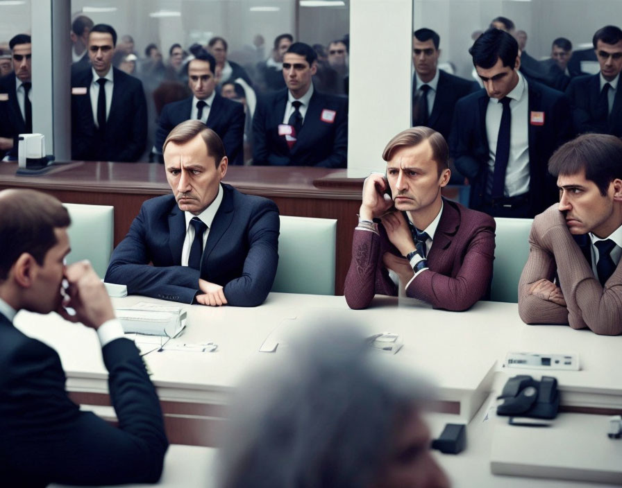 Serious Men in 1960s Style Office Setting