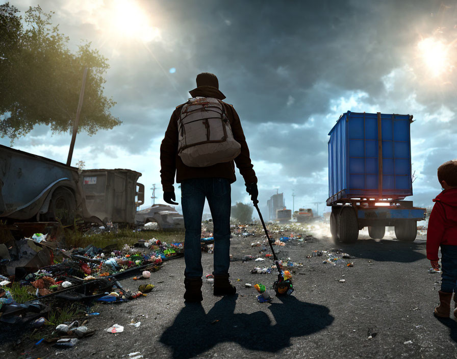 Person with backpack and child in littered area with abandoned trucks and city skyline under dramatic sky