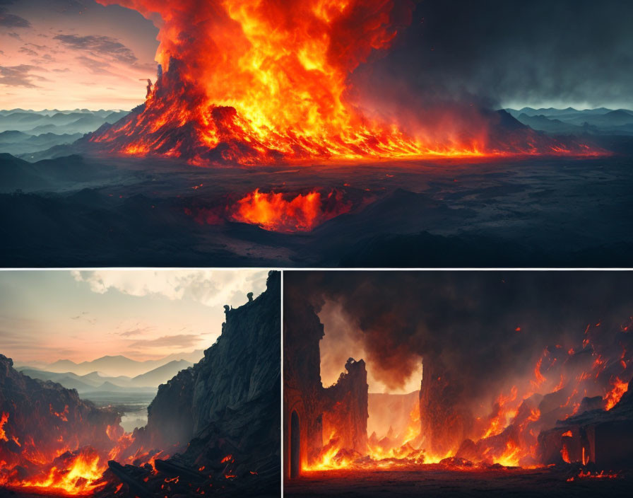 Triptych Image of Massive Volcanic Eruption