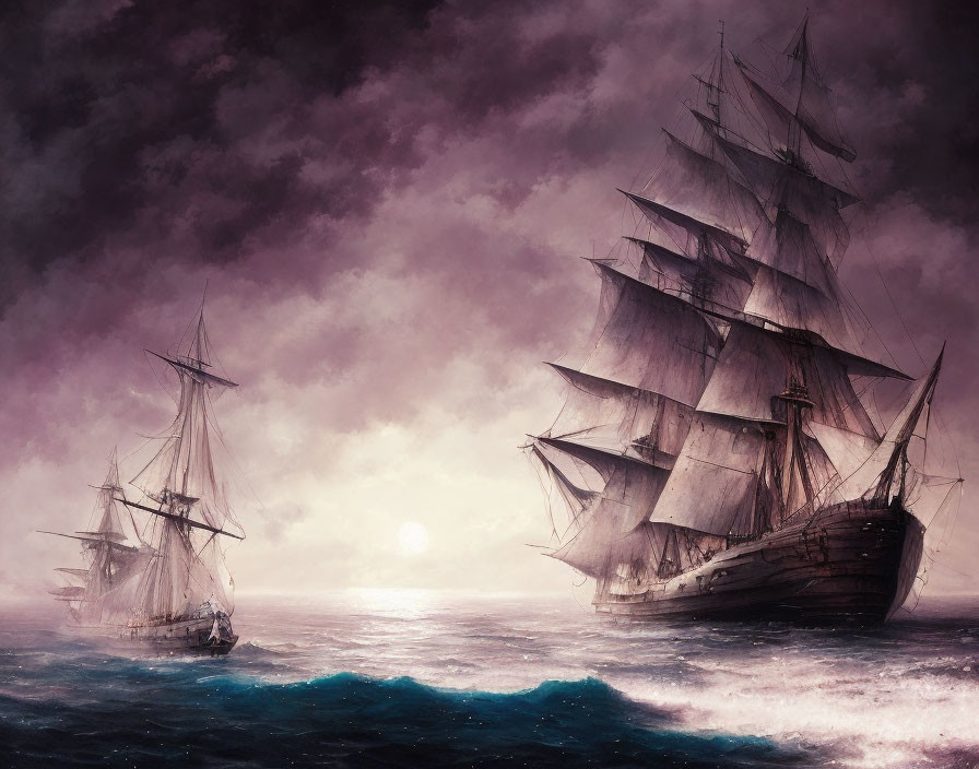 Majestic sailing ships on purple seas under ominous sky