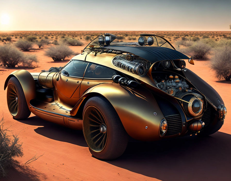 Futuristic steampunk car with copper and metallic finishes in desert landscape