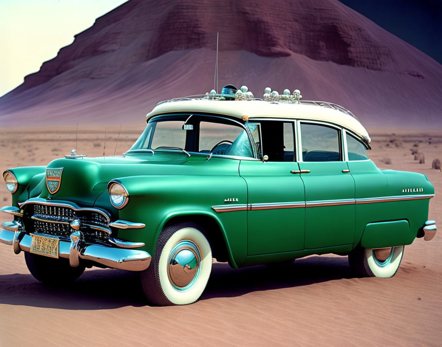 Vintage Green Car with Chrome Details and White-Wall Tires in Desert Landscape