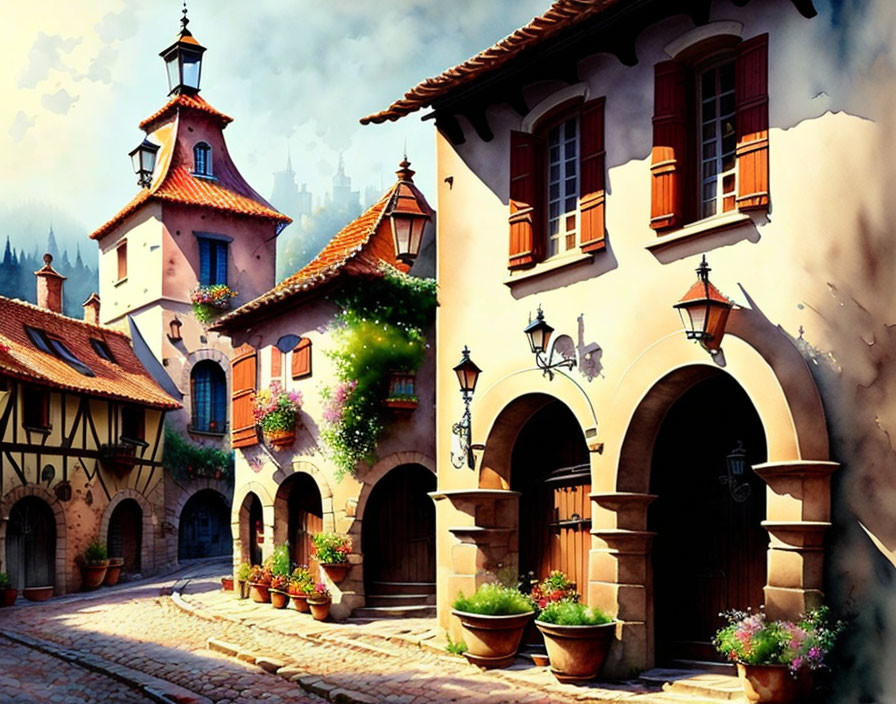 Picturesque European Village Street with Colorful Flowers