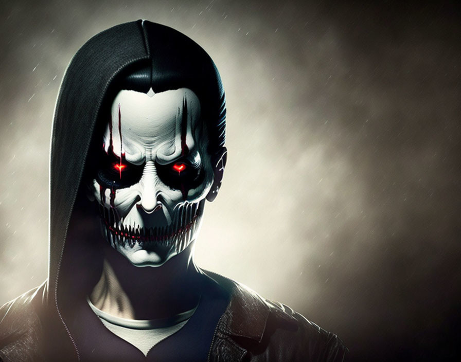 Skull-faced figure with glowing red eyes in hooded jacket on dark background