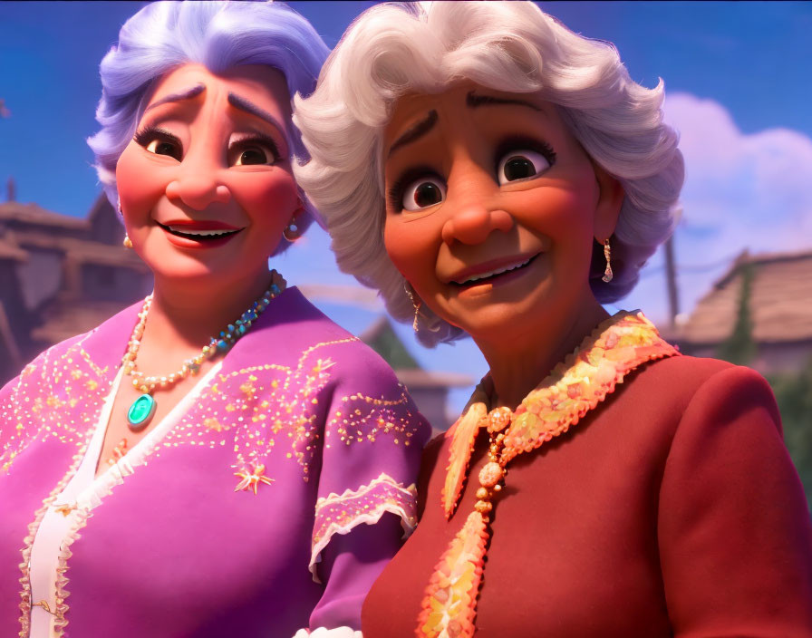 Two joyful elderly women in animated style, one in purple blouse with stars, the other in orange with