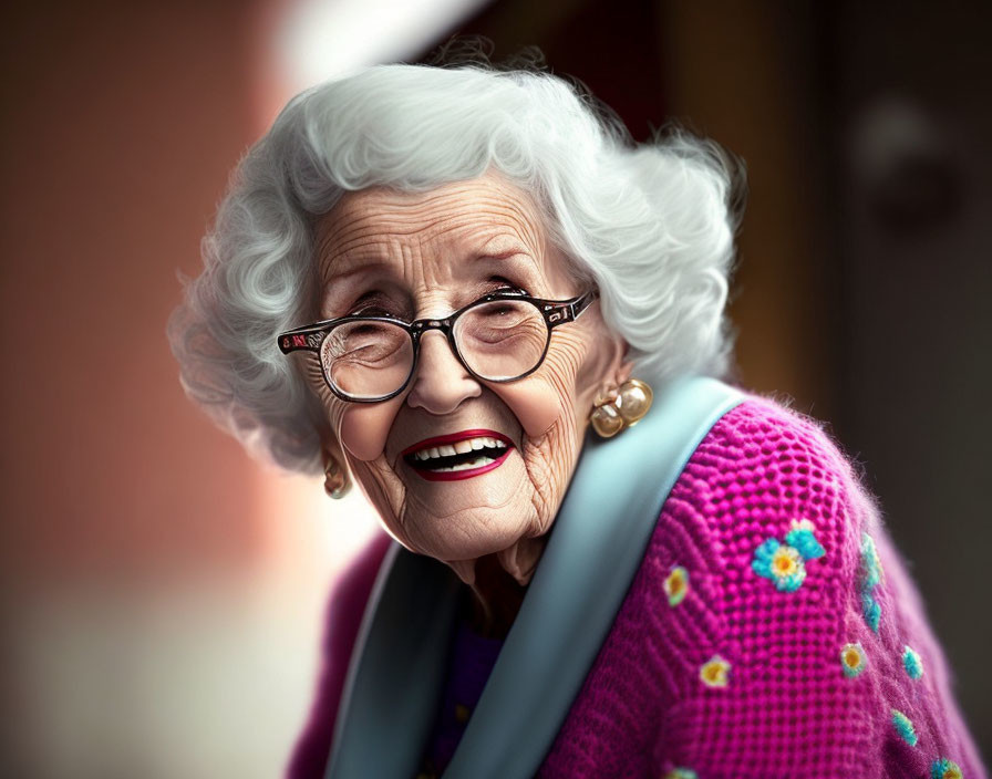 Elderly woman with white hair and glasses in pink sweater smiling