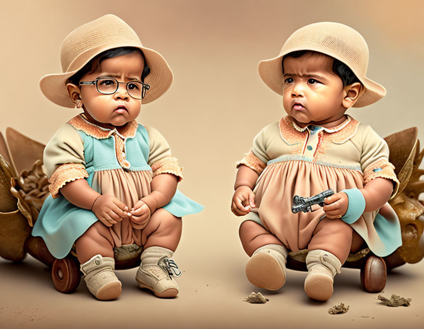 Illustrated Babies in Vintage Outfits with Plane Toy