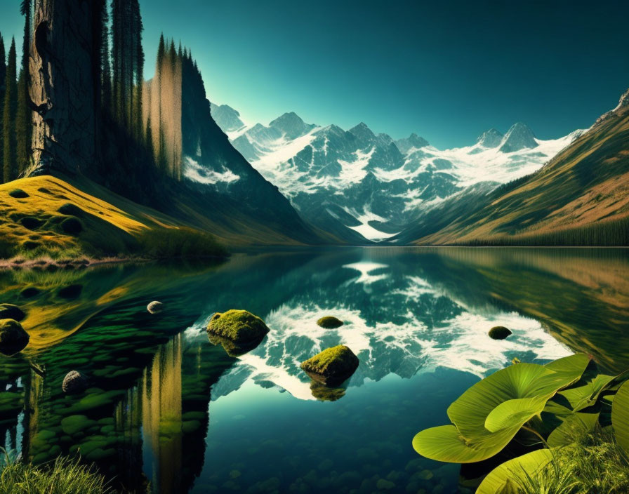 Tranquil mountain landscape with lake reflection and green foliage