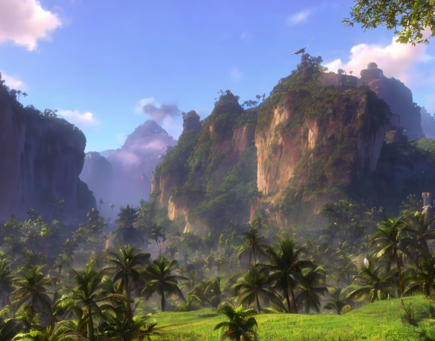 Tropical landscape with towering cliffs and lush greenery