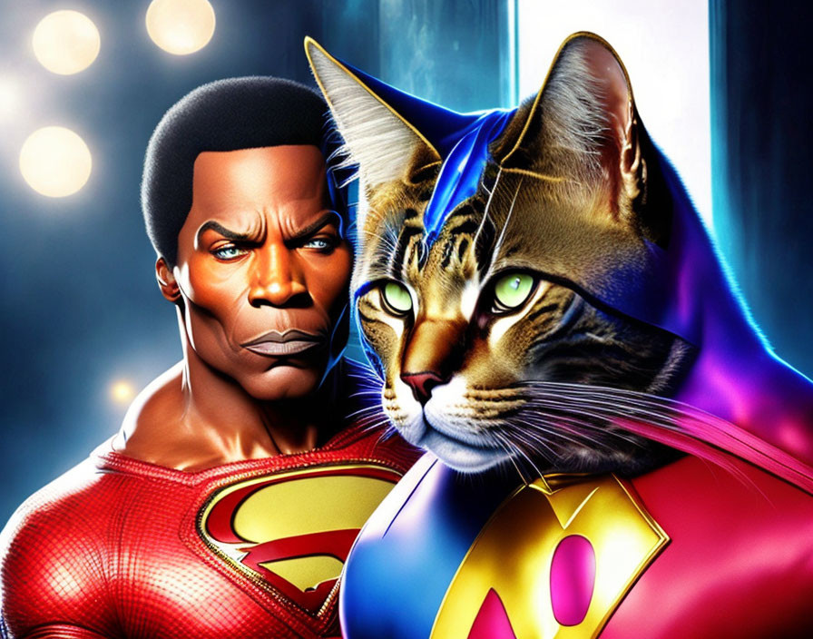 Realistic male superhero and cat with cape in vibrant digital artwork