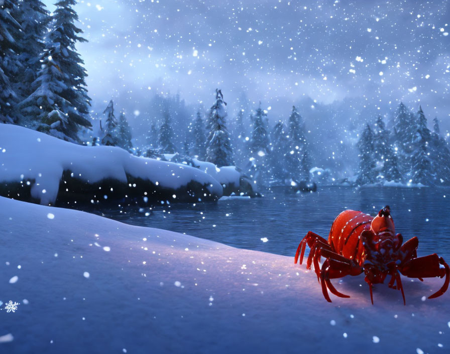 Vivid red crab in snowy winter landscape