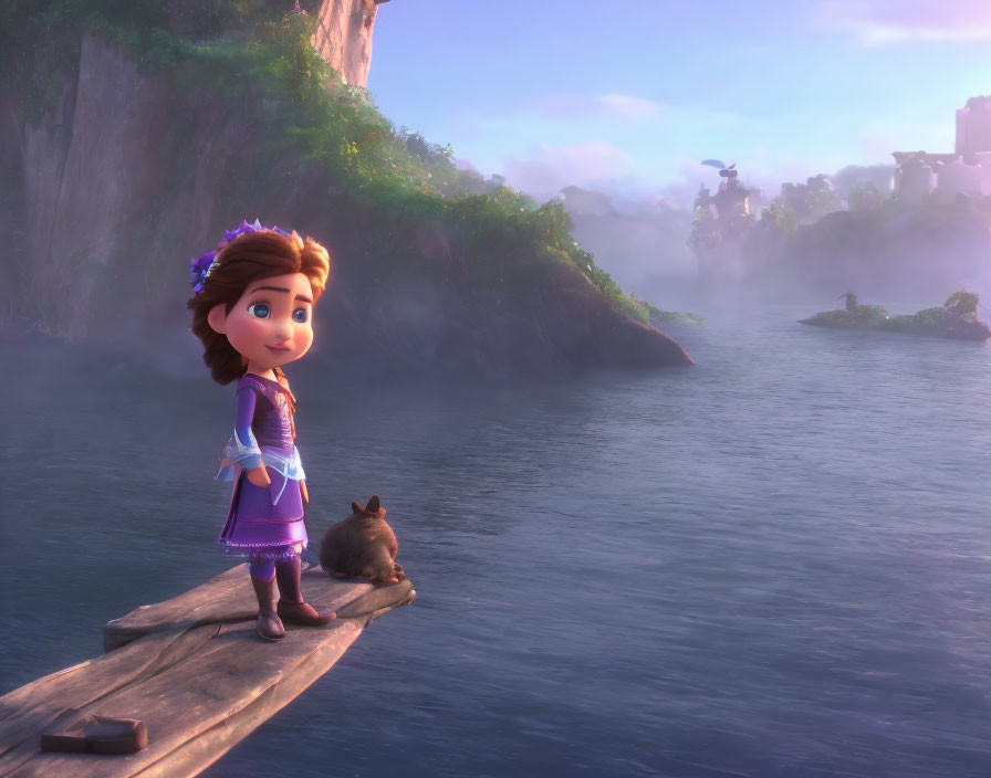 Animated girl in purple dress on wooden raft with small creature by misty river