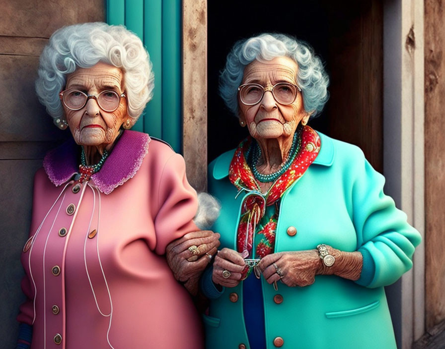 Elderly ladies in colorful clothing with expressive faces standing by door