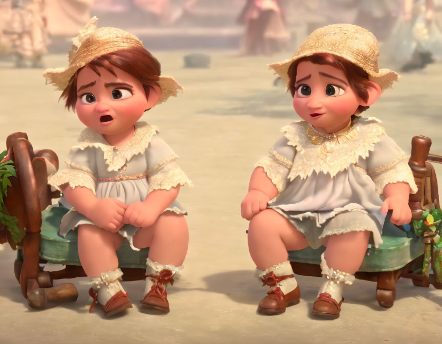 Two toddler characters in straw hats and white dresses with lace collars sitting on a wooden bench, one