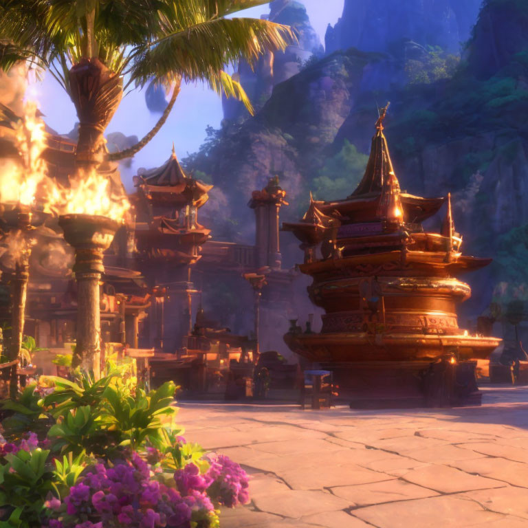 Traditional Asian pagoda surrounded by torches, mountains, and lush flora