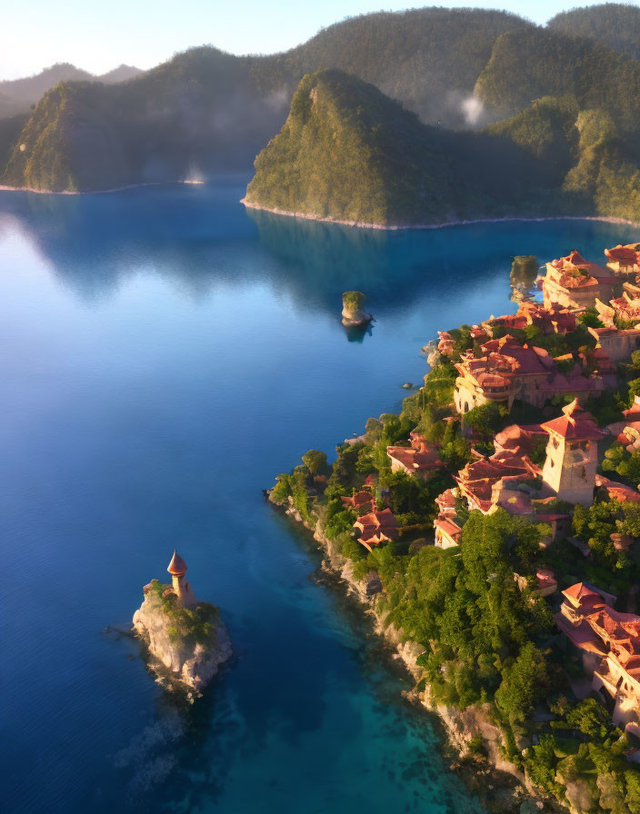 Tranquil seaside town at sunrise with terracotta rooftops and lush greenery