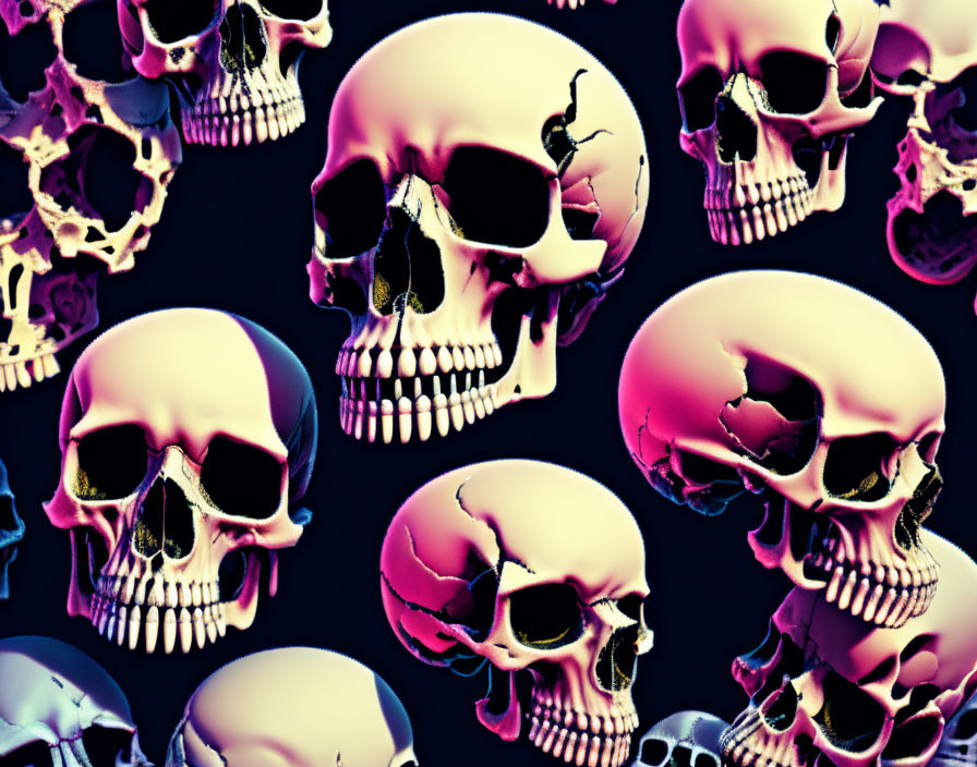 Human skull images in pink and purple hues on dark background